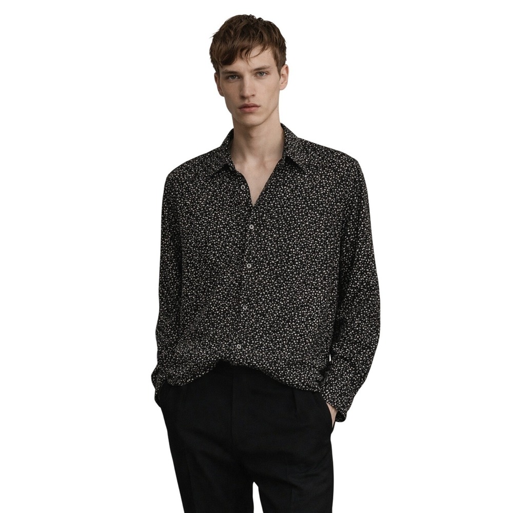 Good Man Brand Men's Black‎ Ditsy Print Long Sleeve Button Up Shirt Size L NEW